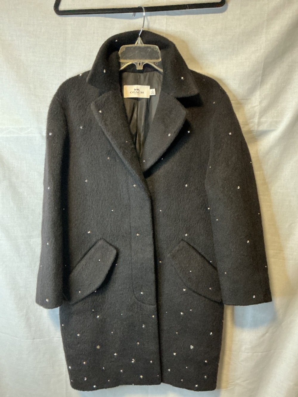 Coach Women’s Black Wool / Mohair Blend Coat Bling w/ Stars Hearts Size XS